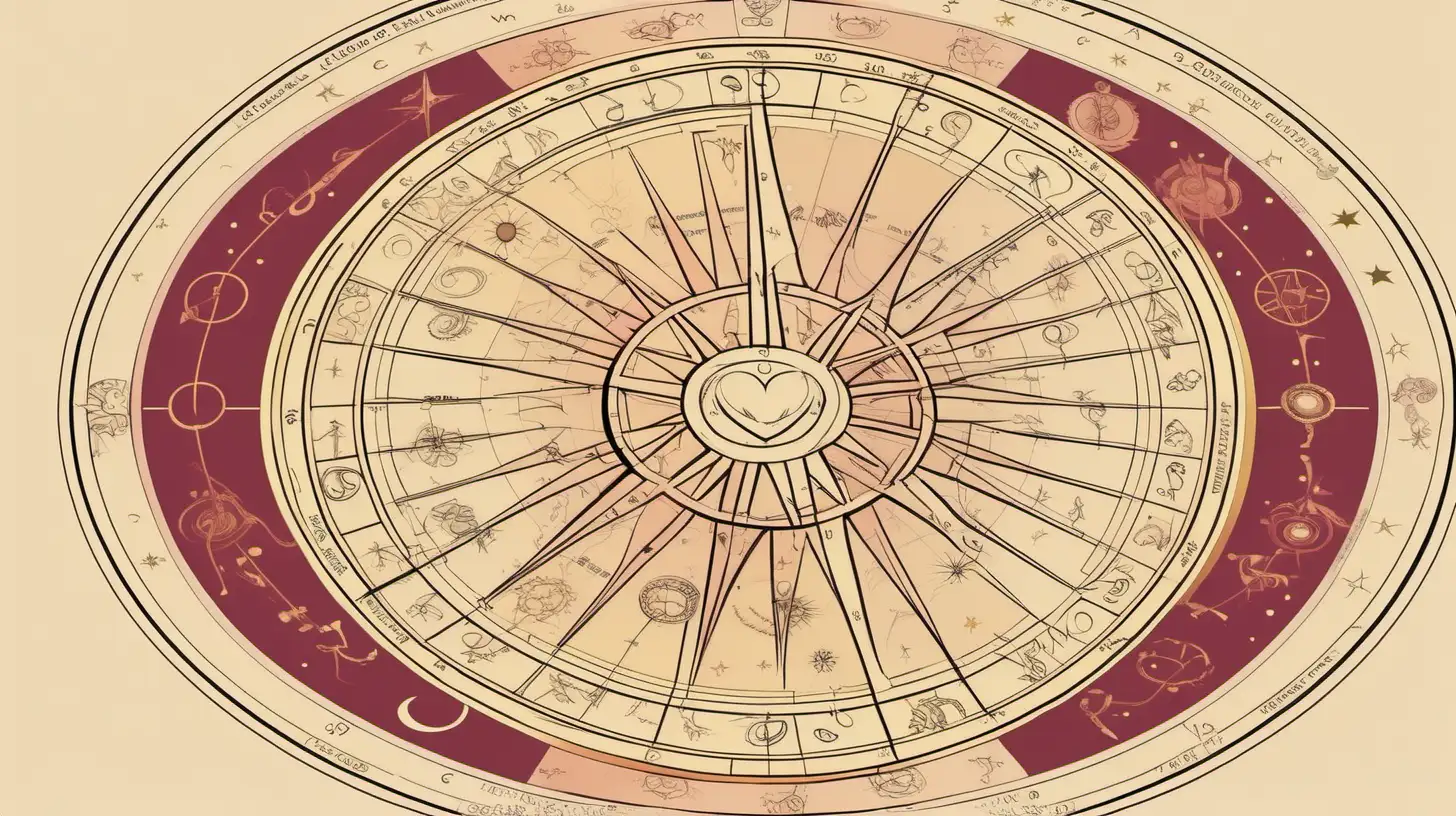 astrological wheel with divine love , muted colors, loose lines, seven sun of hedonism ,burgundy,