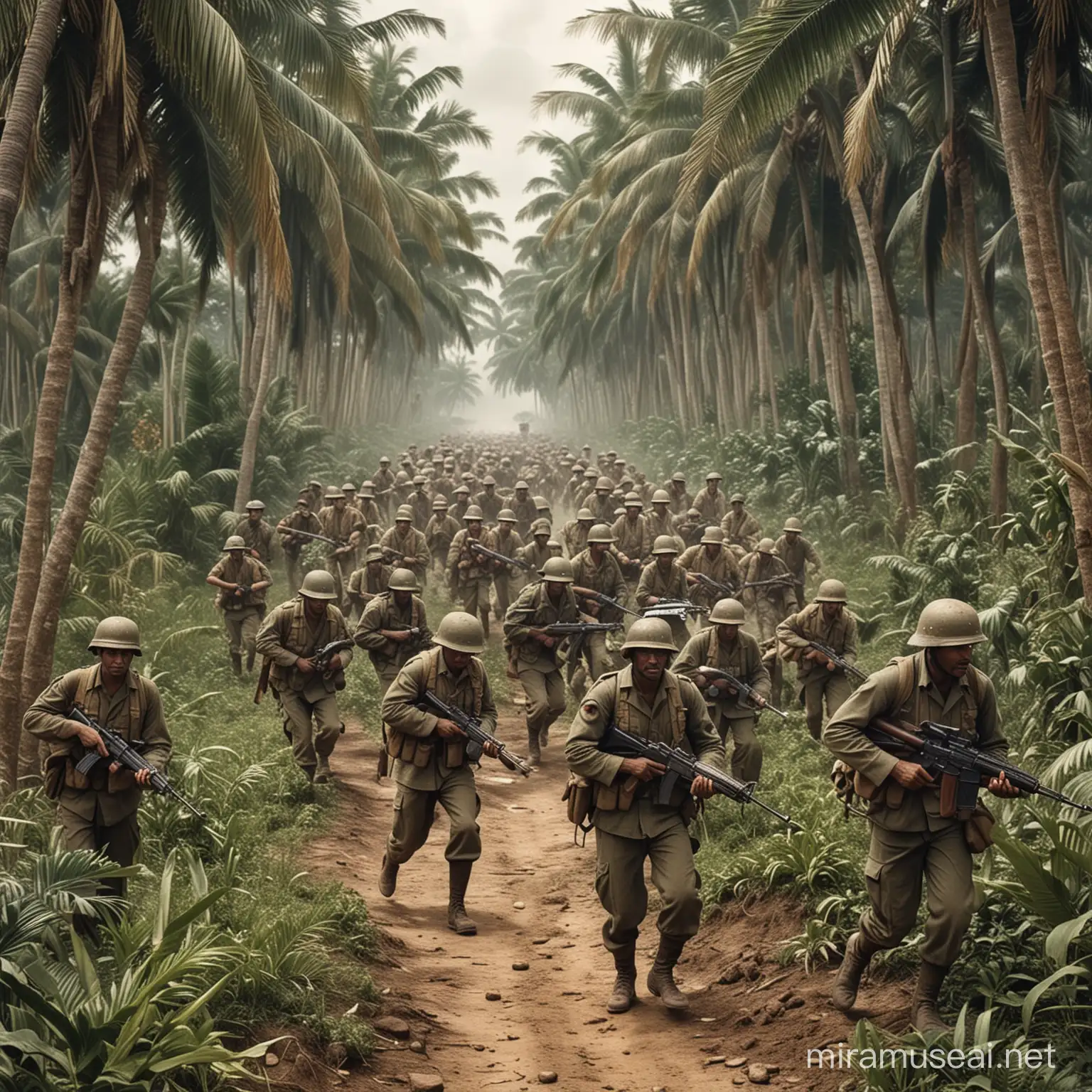 Tropical Land Invasion Soldiers Engage in Combat for Strategic Control