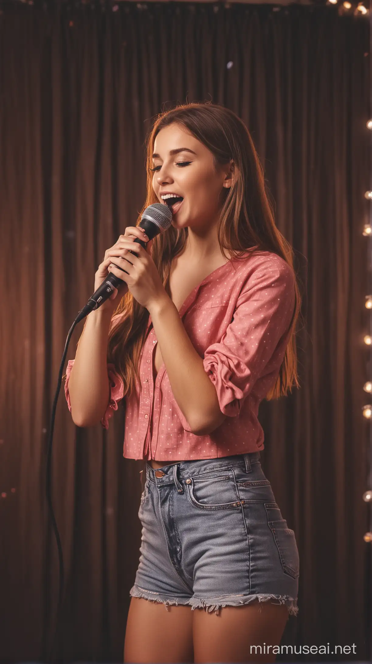 Karaoke Night Girl Singing with Microphone in Hand