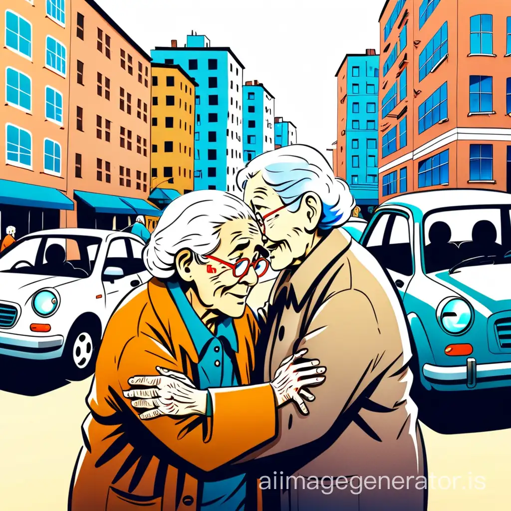 It depicts an aging society in which elderly people are caring for each other. In the background, there are cars and buildings in the city. There are more than 50 elderly people. Draw objectively.