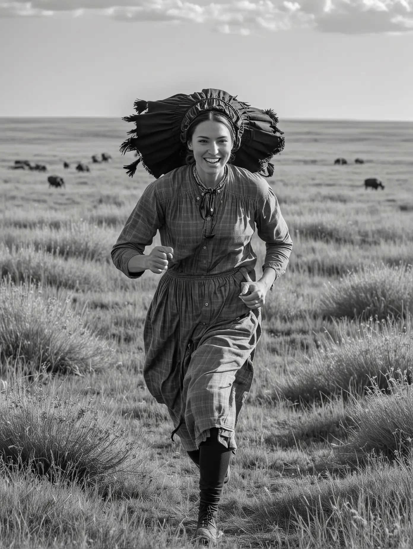 A woman runs through the prairie. She is a pioneer and wears a bonnet. there are buffalo in the background. In black and white. 
