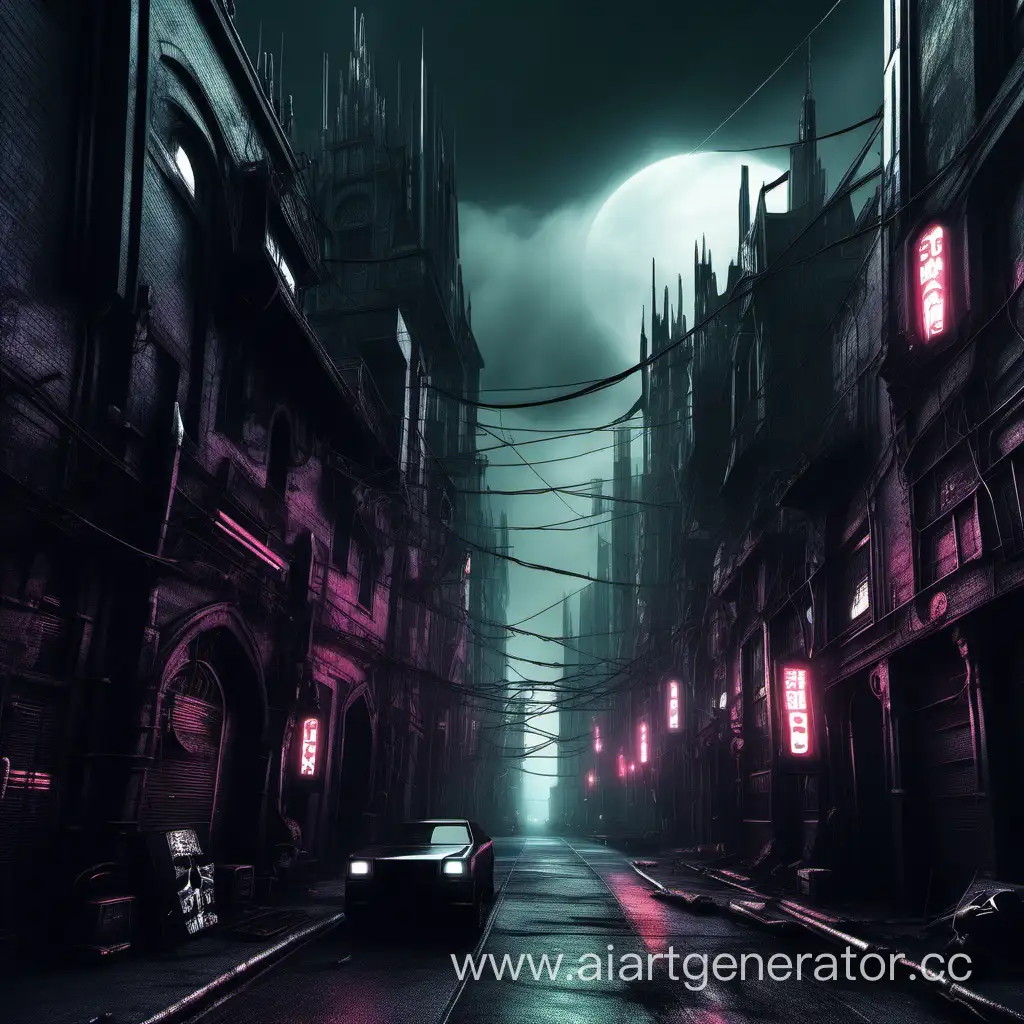 The street of the dark gothic cyberpunk city