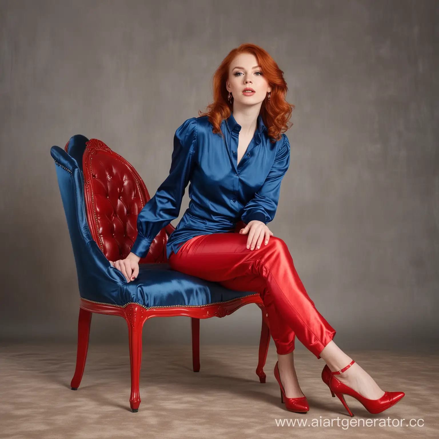 Милая рыжая девушка, одетая в красные кожаные брюки и синюю шелковую блузку, в красных туфлях на каблуках, сидит на стуле 