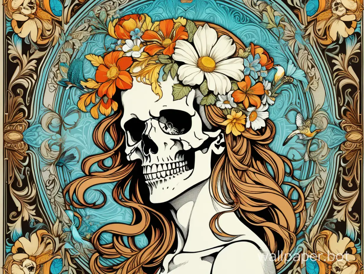 Skull Venus with fluid iron fluid crown, sexy smile, Slute gorgeous, full body, dead birds, wild flowers around, pop art poster, Alphonse Mucha ornamental poster, high contrast colors, detailed line art, stylized very fragmented border