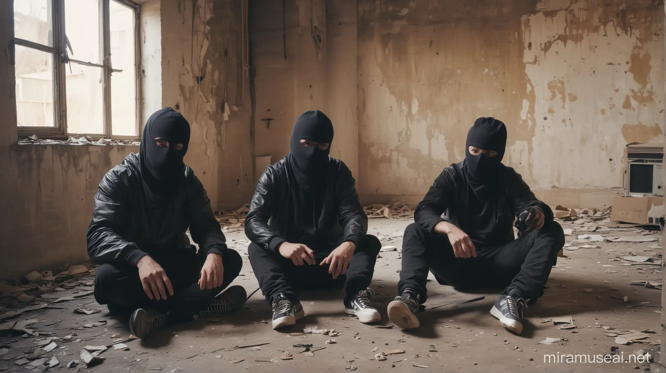 Three guys in ski mask sitting on the floor doing podcast in abandoned building vhs filter 