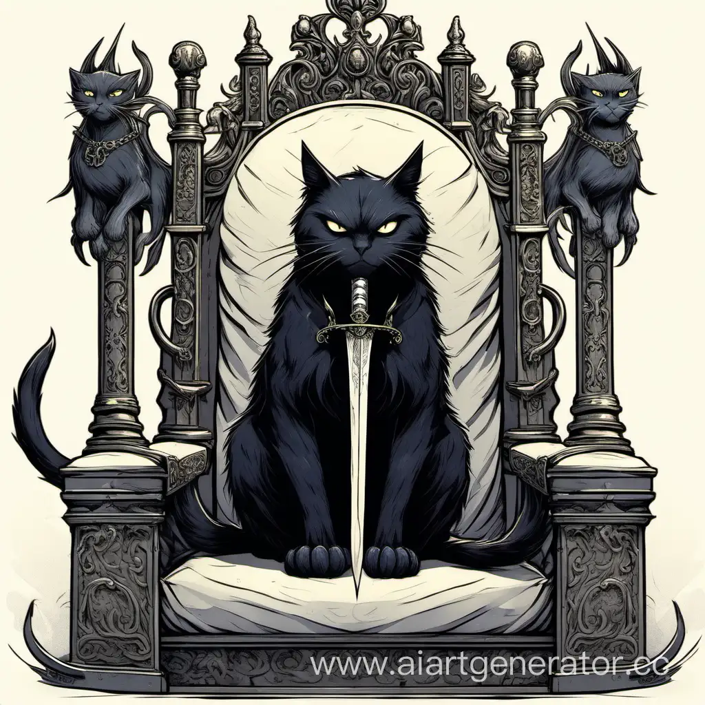 злой черный кот сидит на троне с мечом в лапах