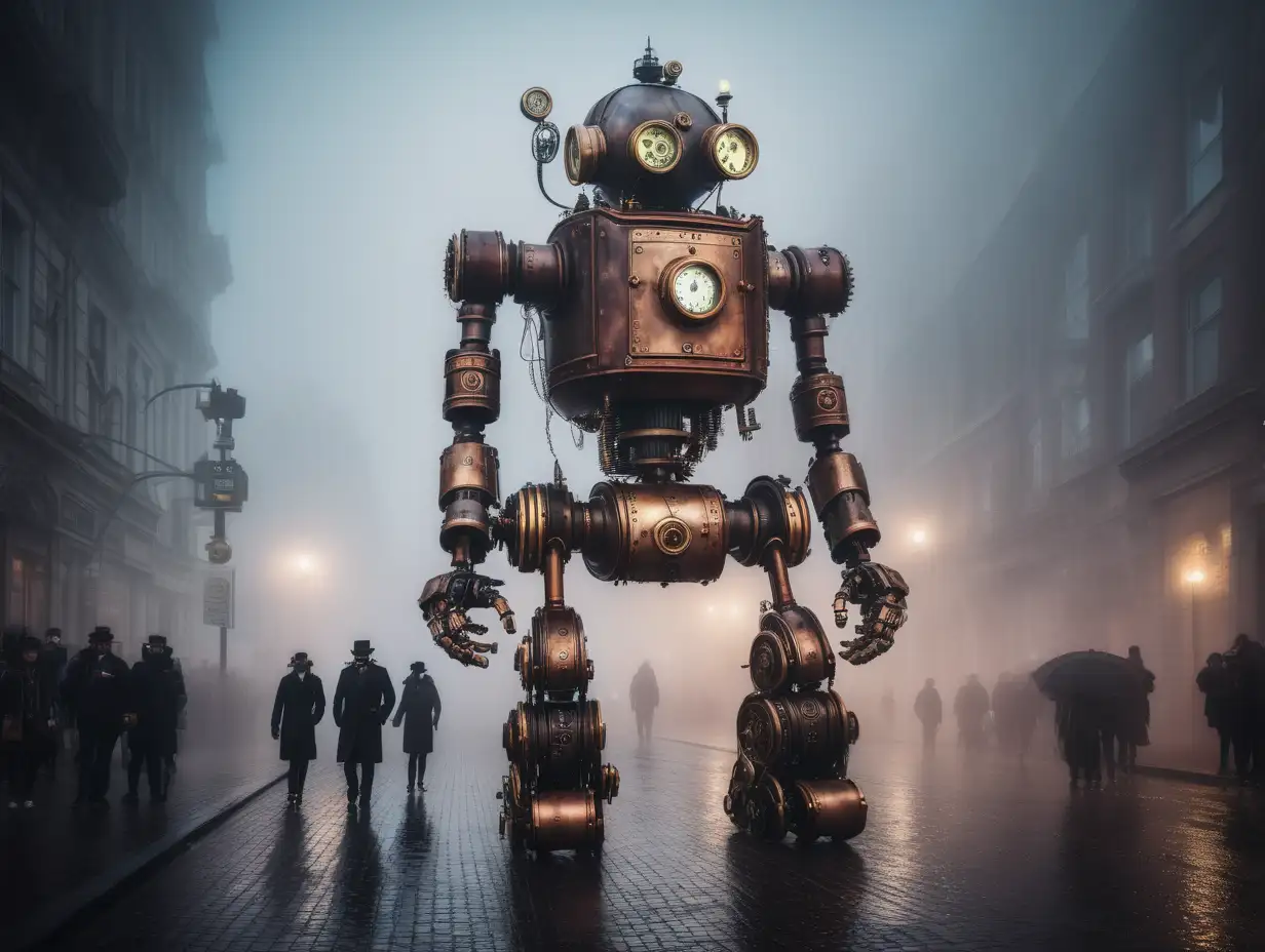 steampunk Robot in fog in darkness in city on large street people