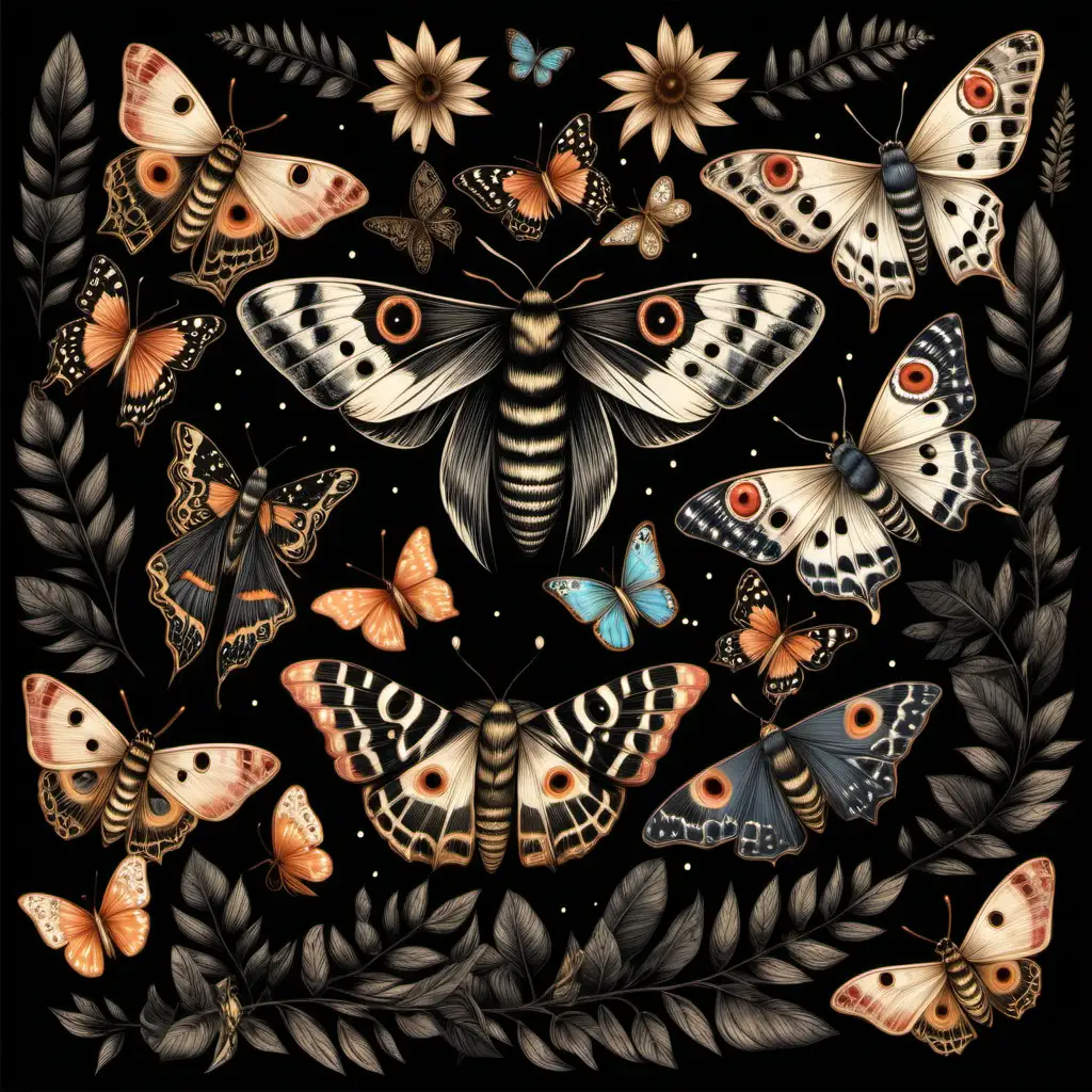 Boho Style Realistic Design Moths Caterpillars and Butterflies on Black Background