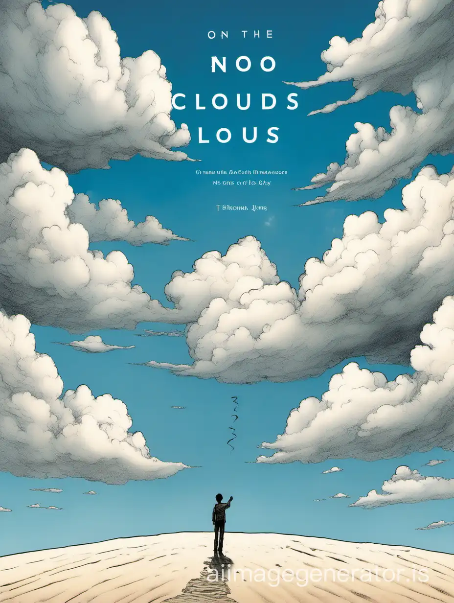 On the cover of the book, fluffy clouds can be seen on top of the sky, covering the entire sky. From these clouds, we see an outstretched hand holding a pen, which writes the word "No" in the blue sky below. Below, we can see the footprints of a person in the sand, leading to a small figure of a human being. He is sitting in the distance, with his back turned to us.