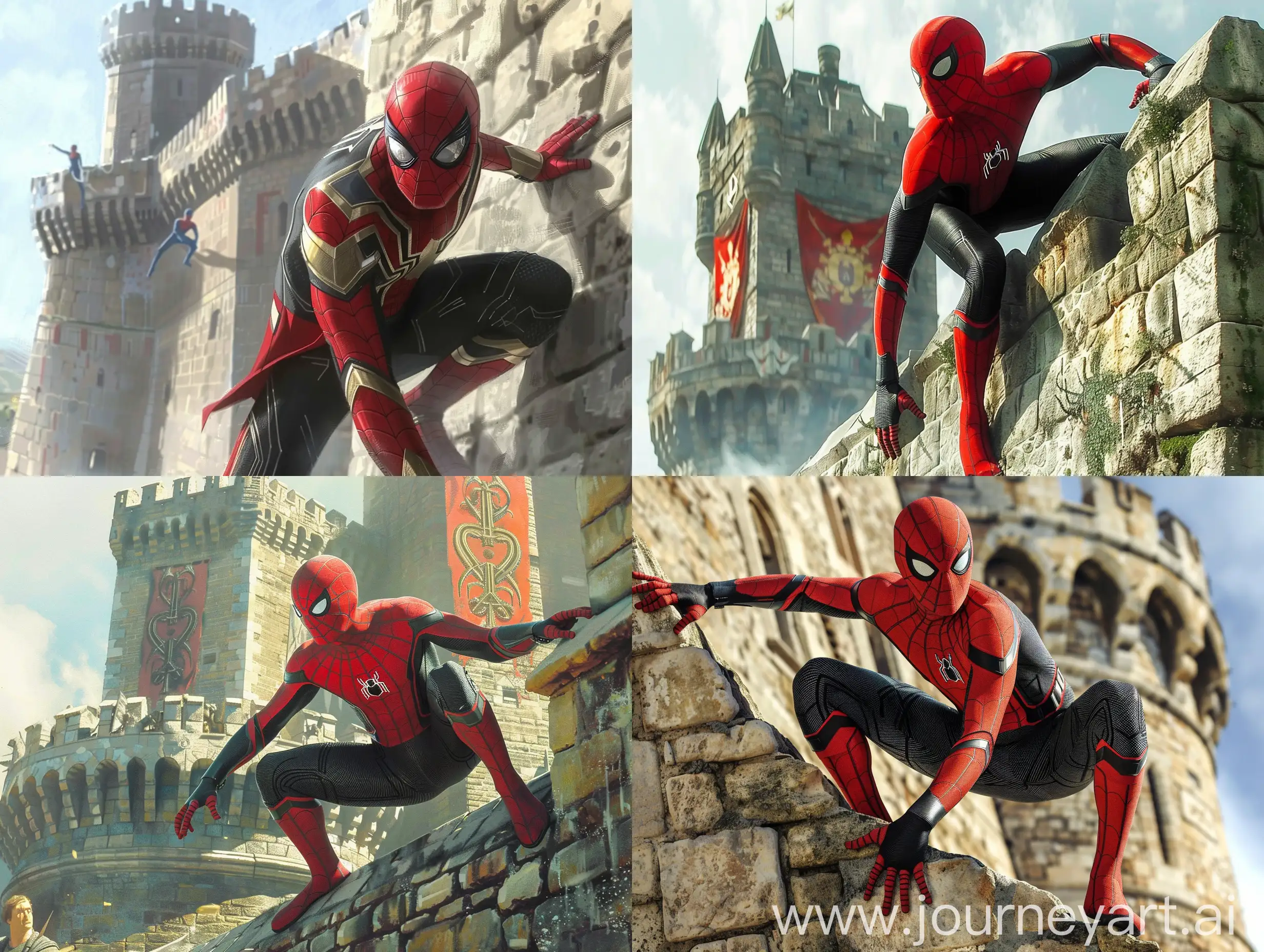 Camelot Palace in the 16th century, Spider-Man is wearing the military uniform of the soldiers of the Sibyl Wars in the 15th century, Spider-Man wearing the same military uniform is climbing the wall of the Camelot Palace. The image is very clear, very realistic, q2