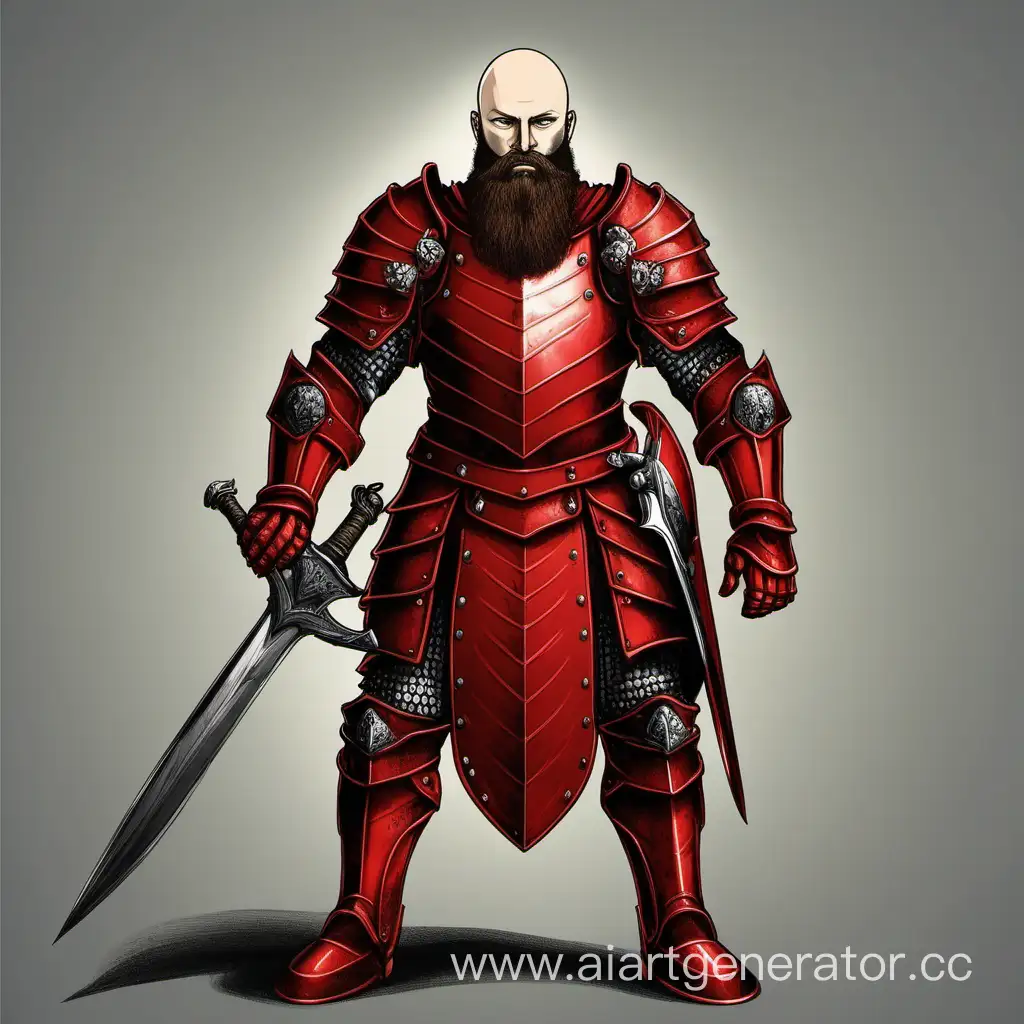 Bald warrior in red armor with a beard