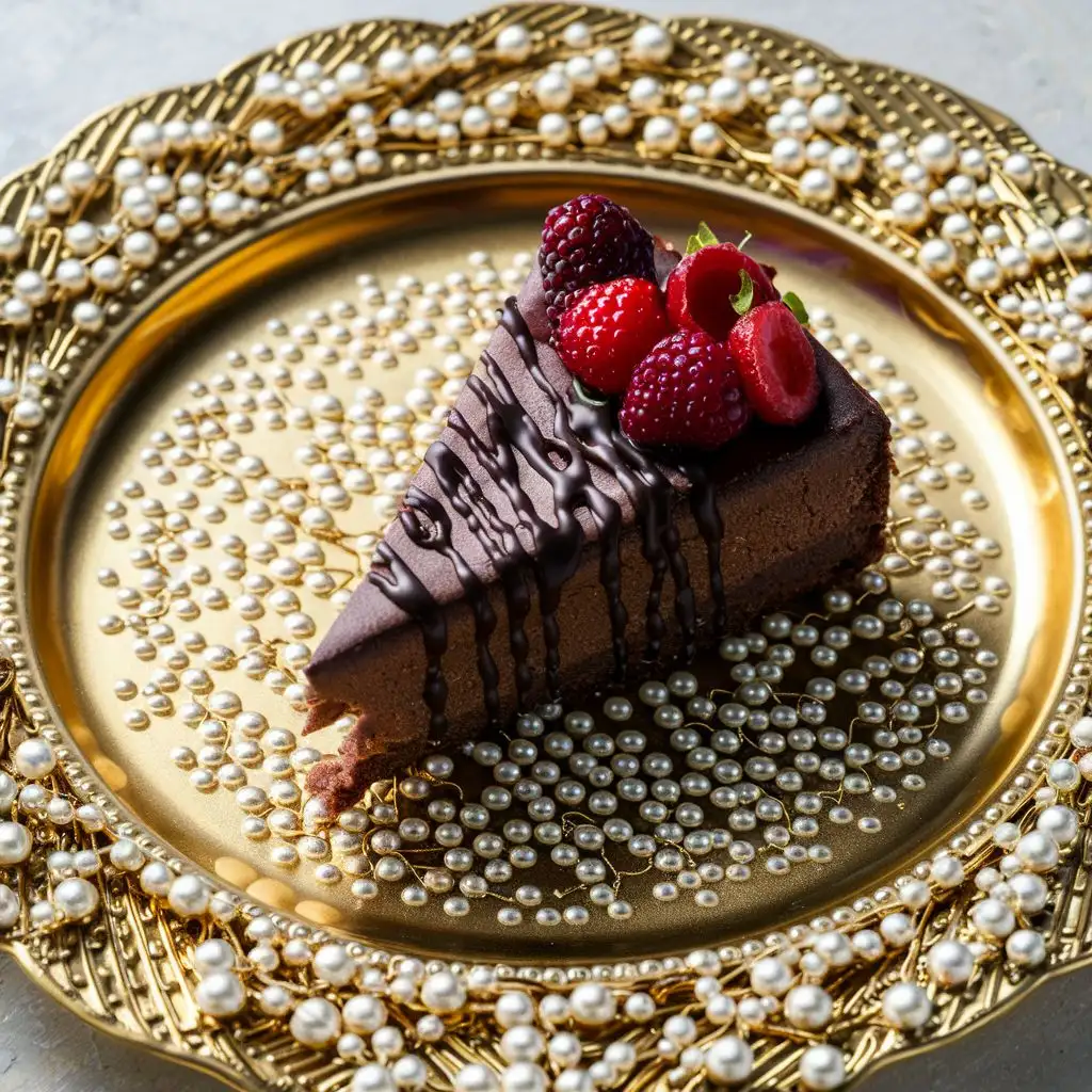 piece of dark brown cheesecake in a gold plate with sparkling pearl