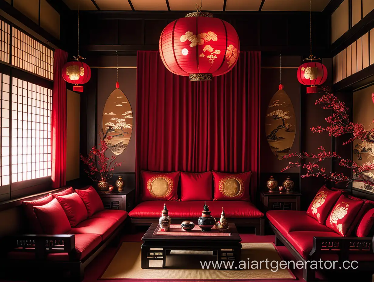Тёмная комната с красным занавесом без окон с большим количеством золотых украшений и фурнитуры в японском стиле с красным диваном и красными шёлковыми подушками