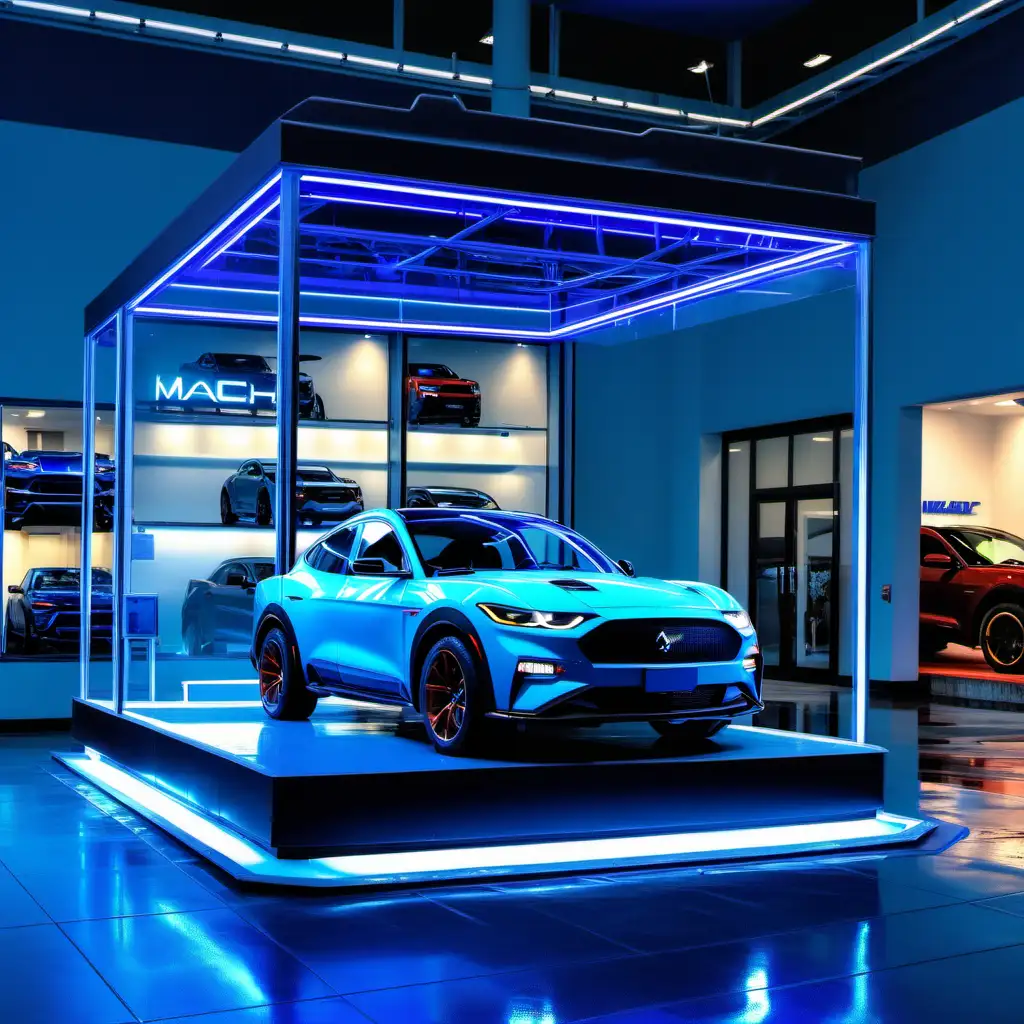 mustang mach-e on a platform in a dealership in a 3-sided glass box with neon blue lights and a mach-e stand next to it