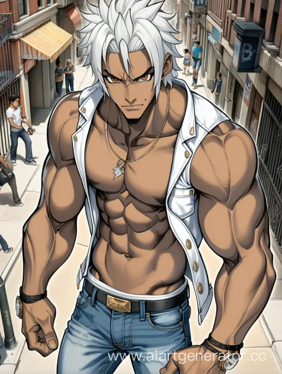 Above View, Full Body View, City Street, Walking Around,  1 Person, Men, Beastman, Tiger Ears, White Hair, Black Striped Hair, Short Hair, Spiky Hairstyle, Dark Ebony Brown Skin, White T-shirt, Jeans, White Jacket, Perfect Hands, Five Finger, Serious Smile, Brown Eyes, Sharp Eyes, Perfectly Symmetrical Body, Tall Body, Big Muscular Detailed Arms, Big Muscular Legs, Well-toned Body, Muscular Body, Well-toned Abs, Hard Abs, Detailed Abs, Tiger Body Stripes, 