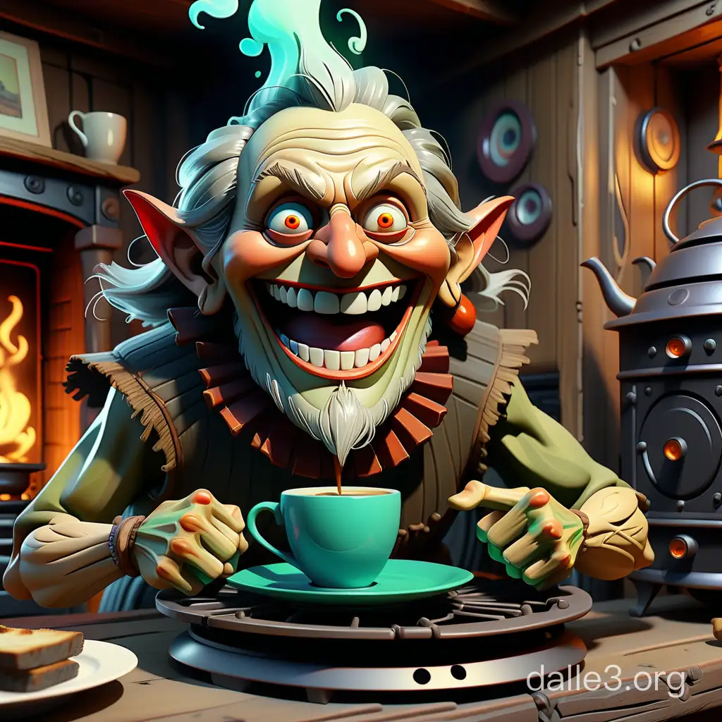 cunning Baba Yaga, smile, coffee cup, platters, octane rendering, 4k UHD, light vibrations, hyper realistic, caricature art drawing, chromatophore diffraction colors, an old stove in the background