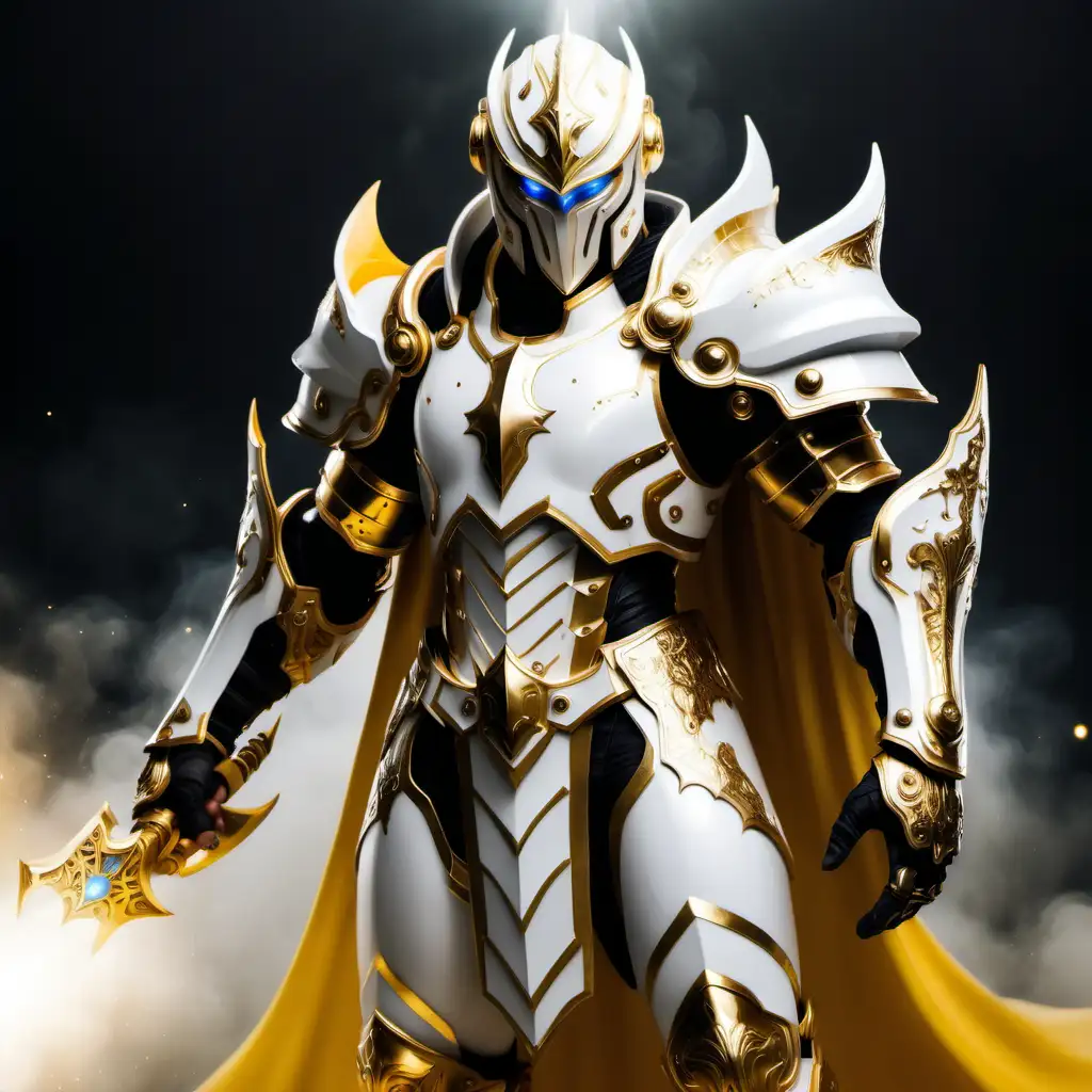 male white human celestial guardian wearing white, gold and black armor with no helmet holding a shield in his left hand and a yellow mist in his extended out right hand