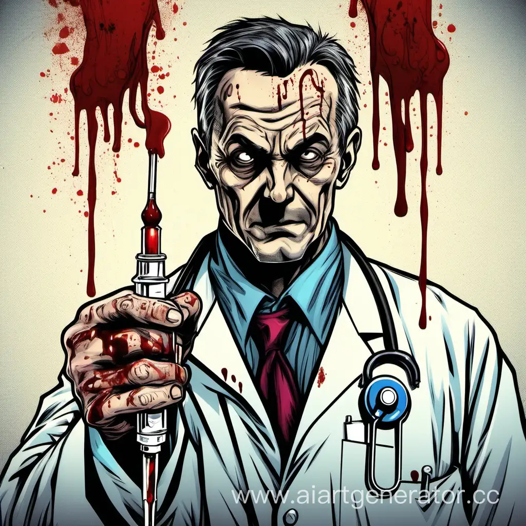 мужчина 40 лет, злой врач, психопат, большой шприц, капельница, кровь