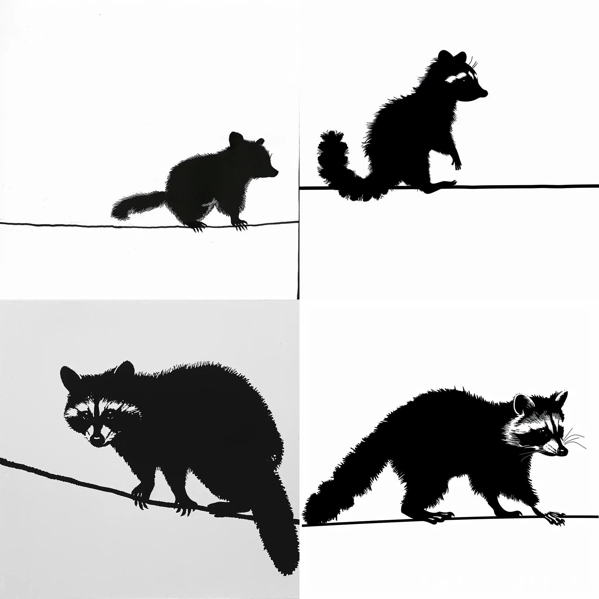 raccoon steps  silhouette black and white following a line