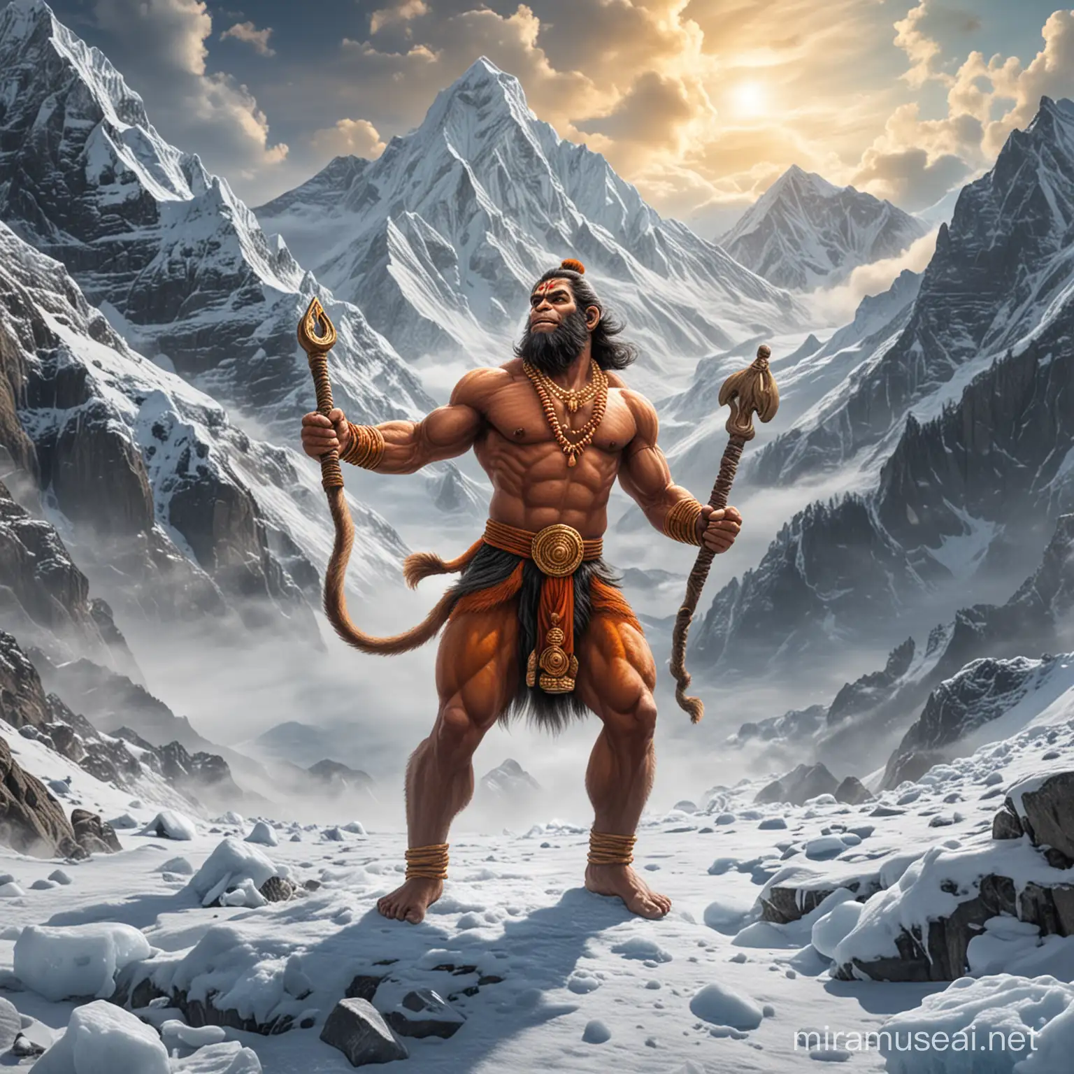 Lord Hanuman in himalayas coverd from ice and chanting lord ram