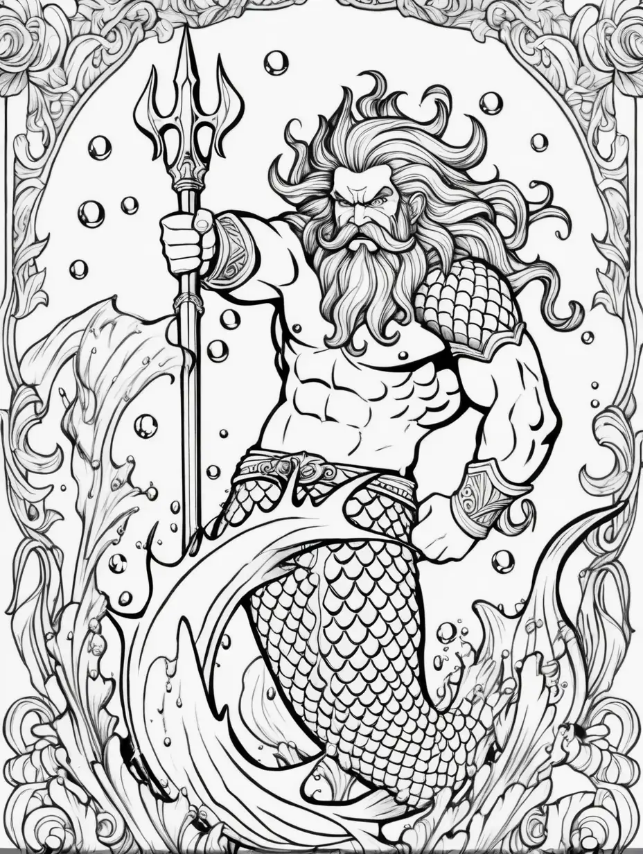 an adult coloring book of an angry  neptune mermaid with his trident