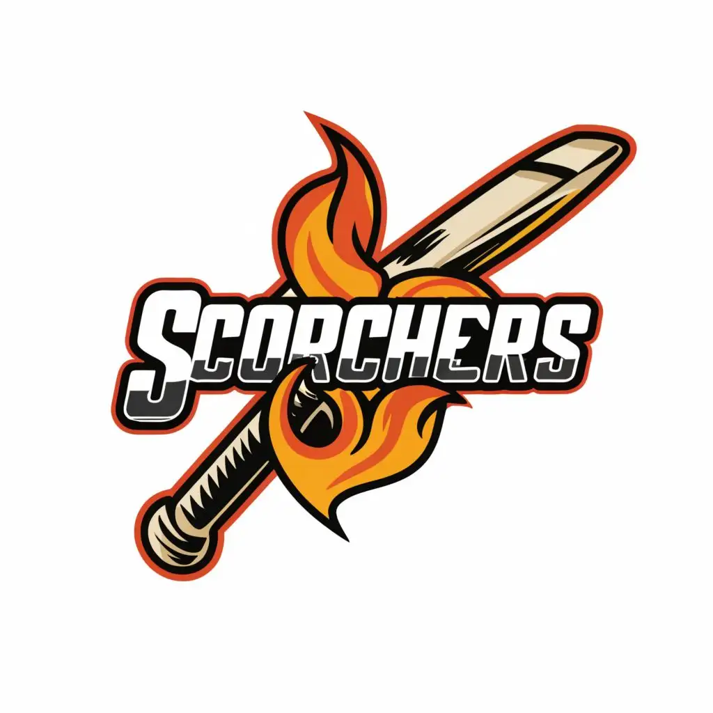 a logo design,with the text "Scorchers", main symbol:Cricket Bat and ball fire,Minimalistic,be used in Sports Fitness industry,clear background