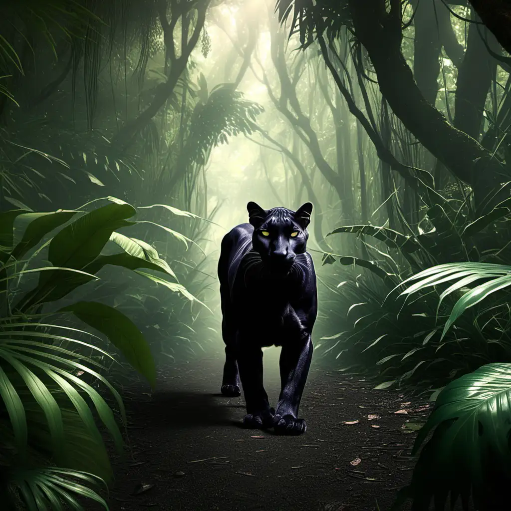 Majestic Black Puma Emerging from Lush Thick Jungle