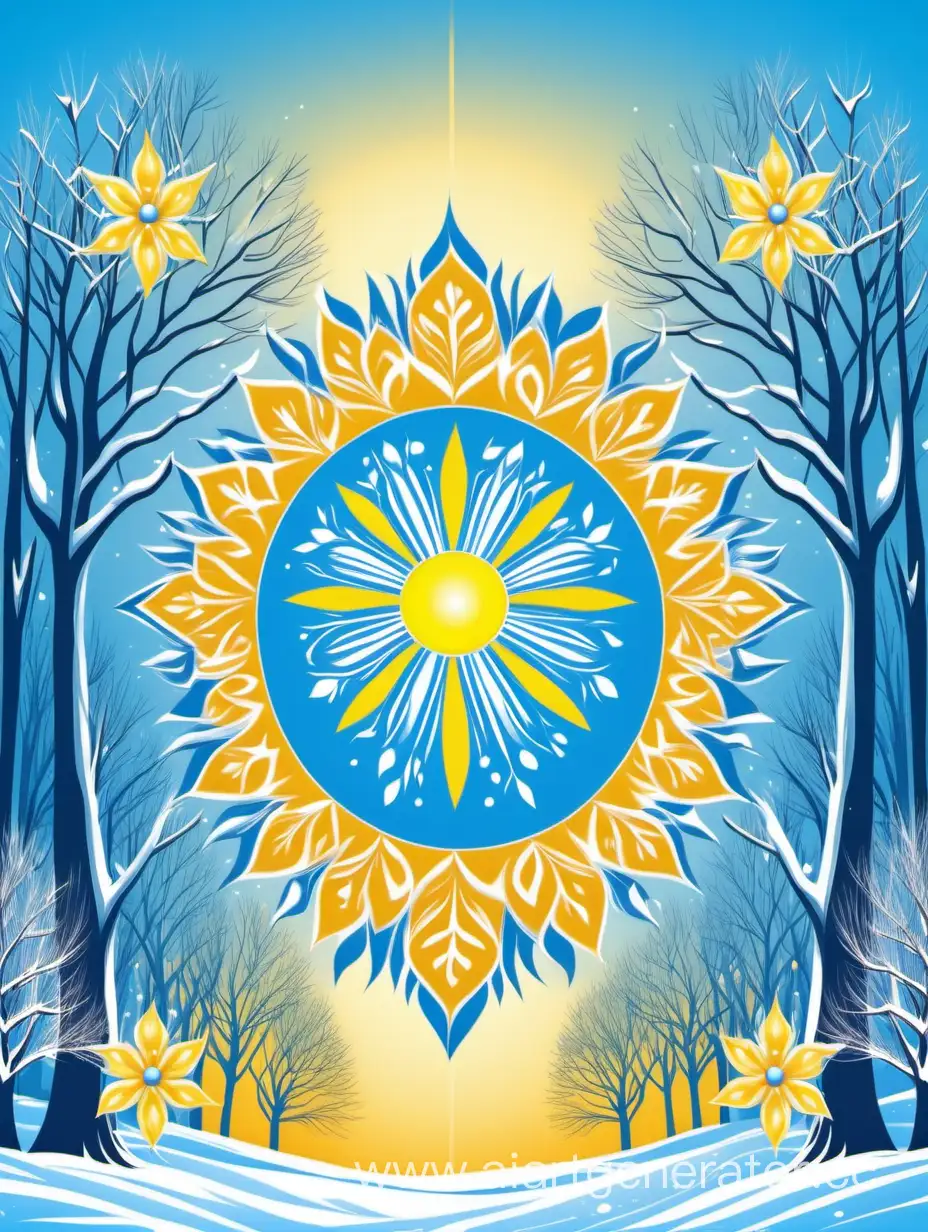 bright background for printable poster, without peoples, for Carol interludes with musical diversions based on Ukrainian folklore and literature, winter, sunlight, joyful, nature only, yellow-blue, symmetrical