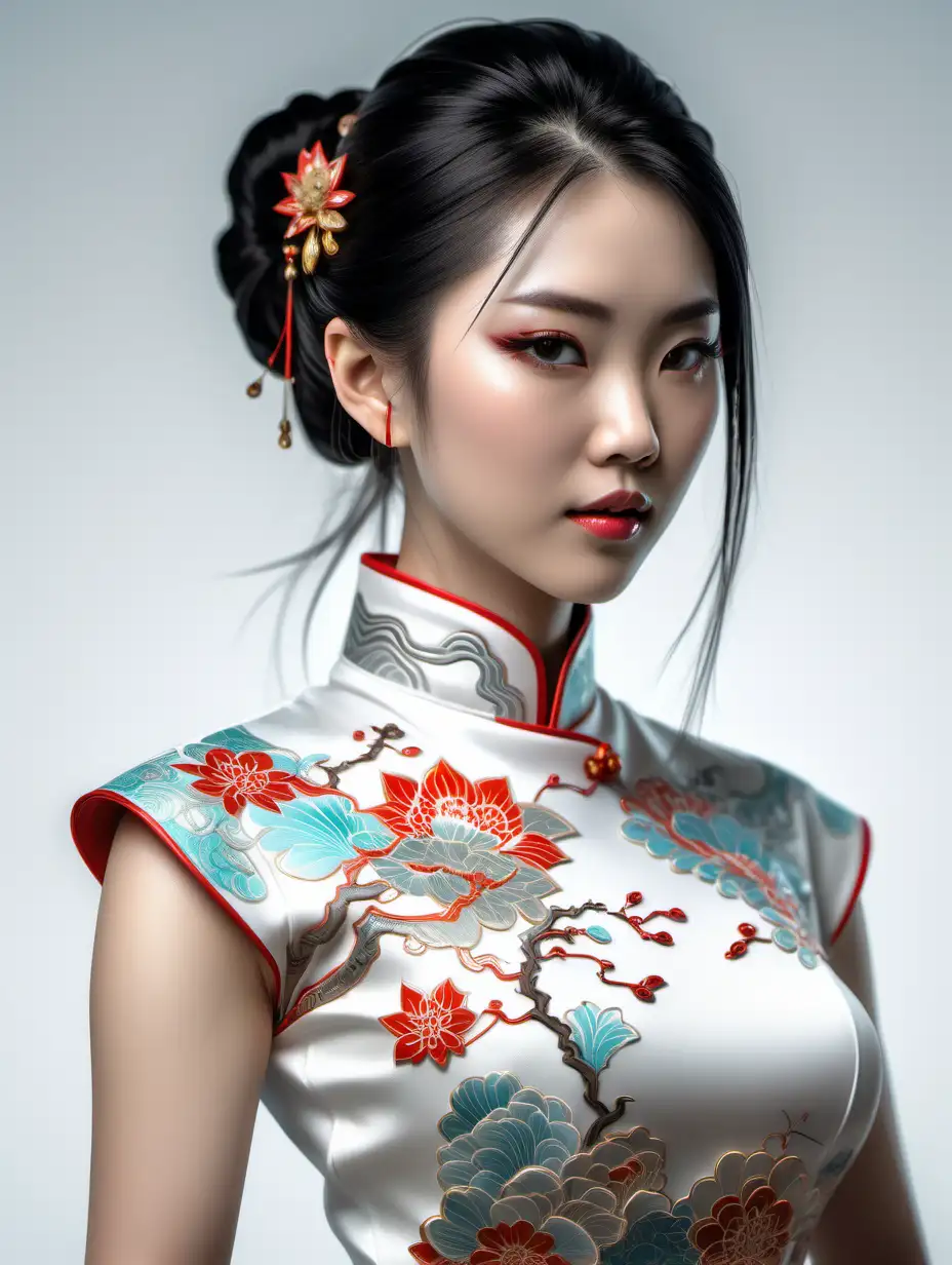 Author: Michael Kaluta, a beautiful woman wearing a modern Chinese cheongsam. color, pure white background, high detail, concept design, artstation champion, physical quality, best quality,, Miki Asai Macro photography, close-up, hyper detailed, trending on artstation, sharp focus, studio photo, intricate details, highly detailed, by greg rutkowski