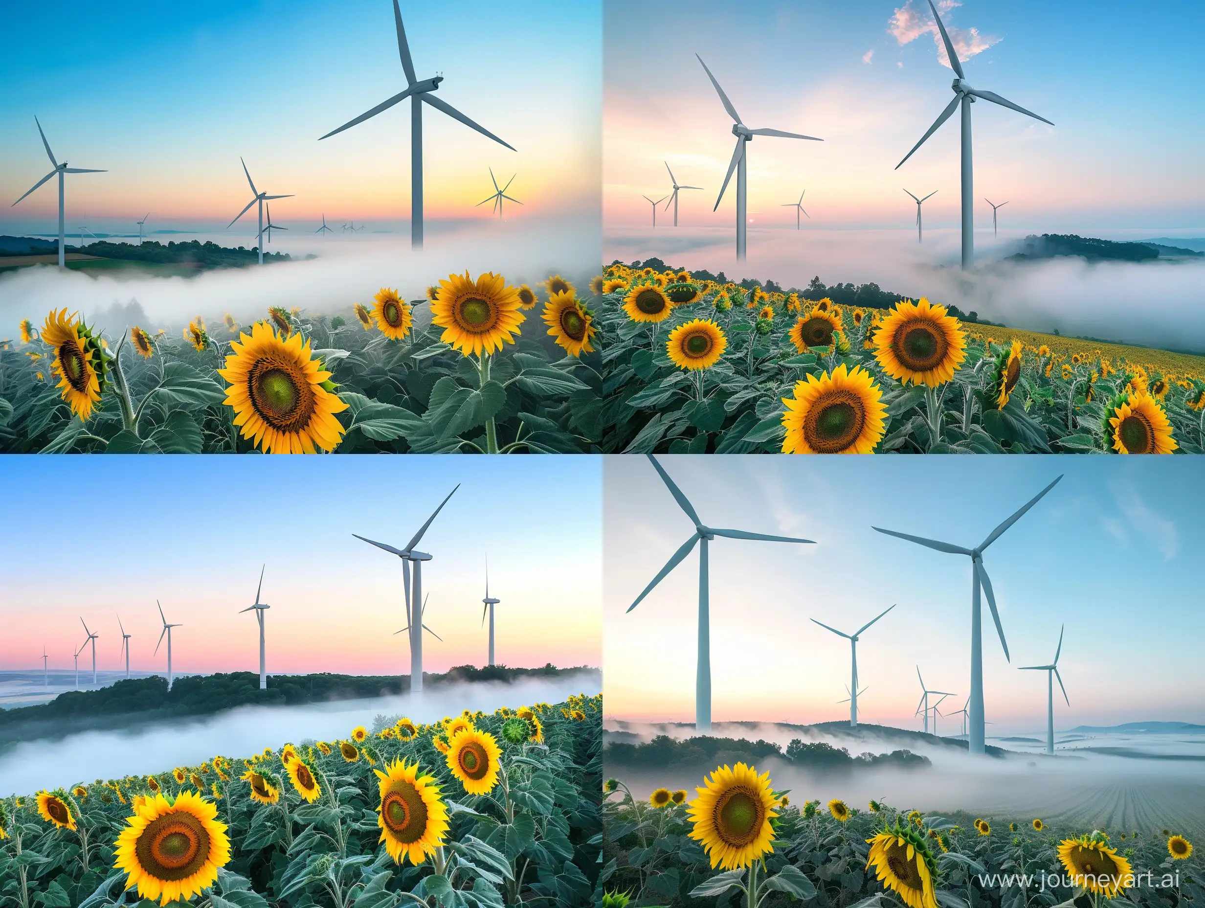 A field of sunflowers with wind turbines on it, fog is spreading below, a mysterious atmosphere, against the background of a blue cloudless sunset sky, watercolor style, Victor Agai