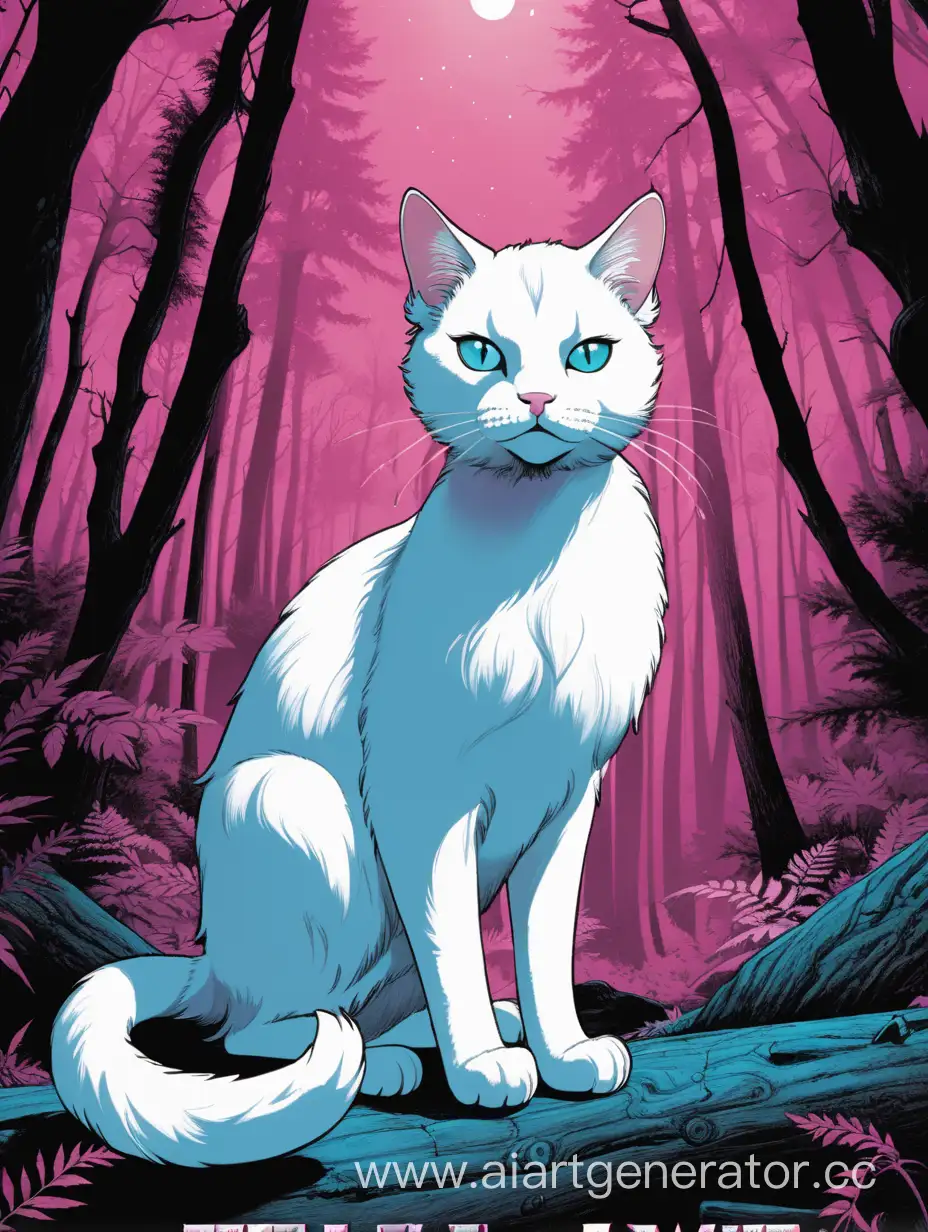 Comic book cover, white cat with pink eyes, dark cat with blue eyes, dark forest, comic book, title "The Limit of the forest", author Naisha.
