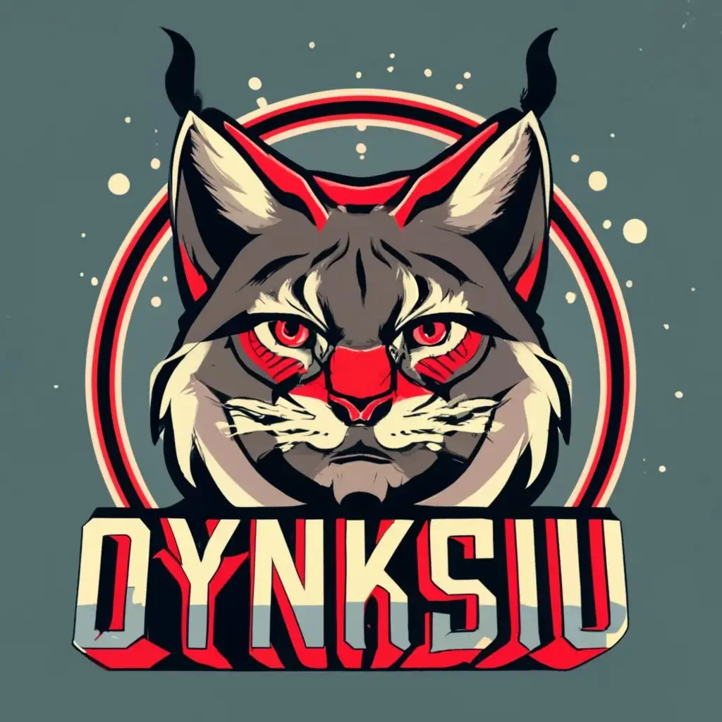 logo, Esport logo, Use a Lynx as a basis for the logo, spell: DYNKSIU underneath the logo, make the color scheme Blood red and Obsidian black, The lynx has to look focused, the gaze of the lynx has to be scary/ferocious, The logo needs to emanate superiority, with the text "Dynksiu", typography, be used in Internet industry, more anger in the lynx his expression, Change the background keep the lynx design the same, perfection, KEEP DEEP BLOOD RED