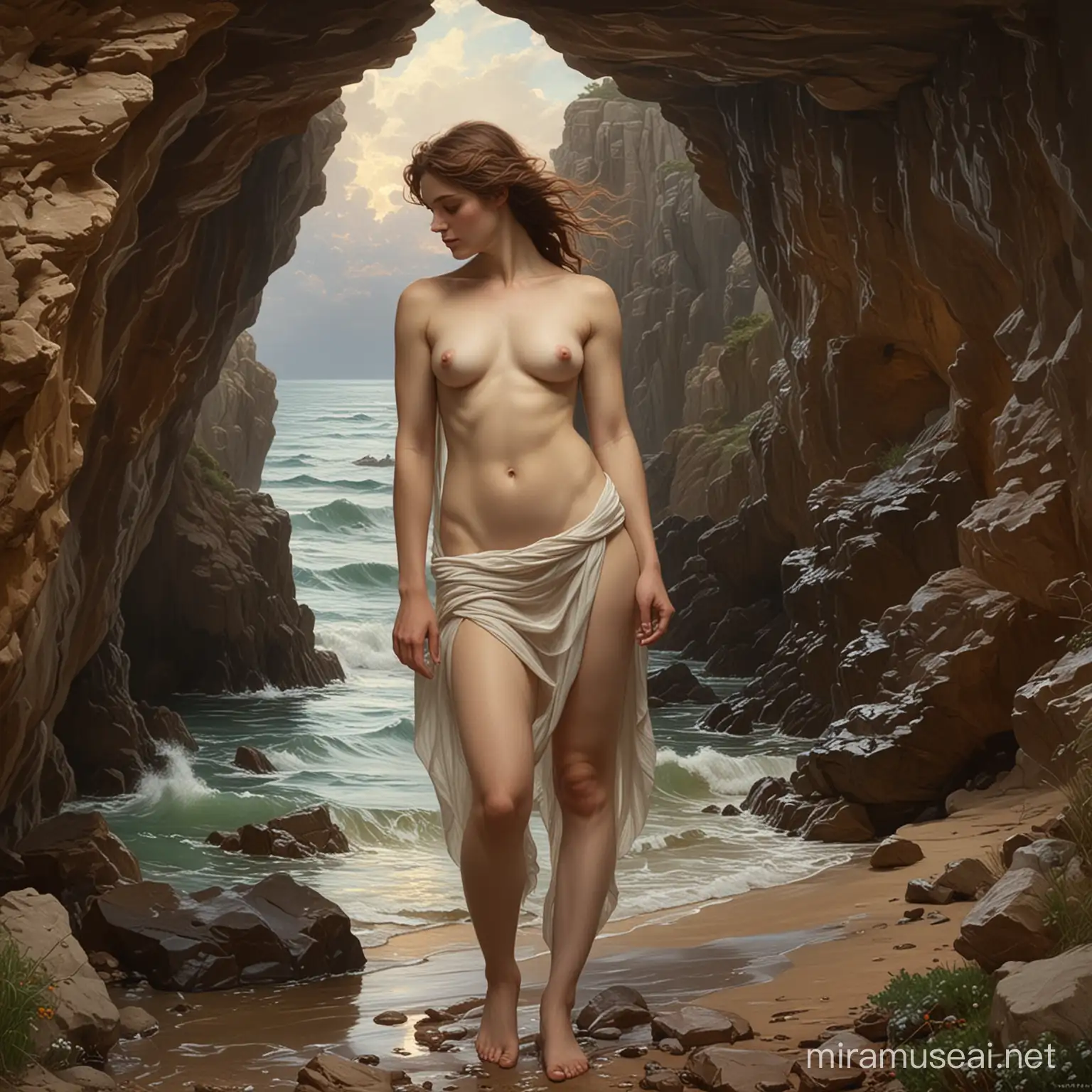 The subject of the image is the handsome Odysseus leaving the nude muse Calypso, envisioned in the artistic style of the renowned British painter, Sir John William Waterhouse. The muse Calypso is depicted in a cave on a seaside hill above the shore, embodying the essence of calm weather after a storm which still lingers on the horizon. She is positioned in a graceful pose feeling sad because Odysseus has decided to return to his homeland.  The natural contours of her beautiful body highlight the delicate balance between vulnerability and empowerment.
