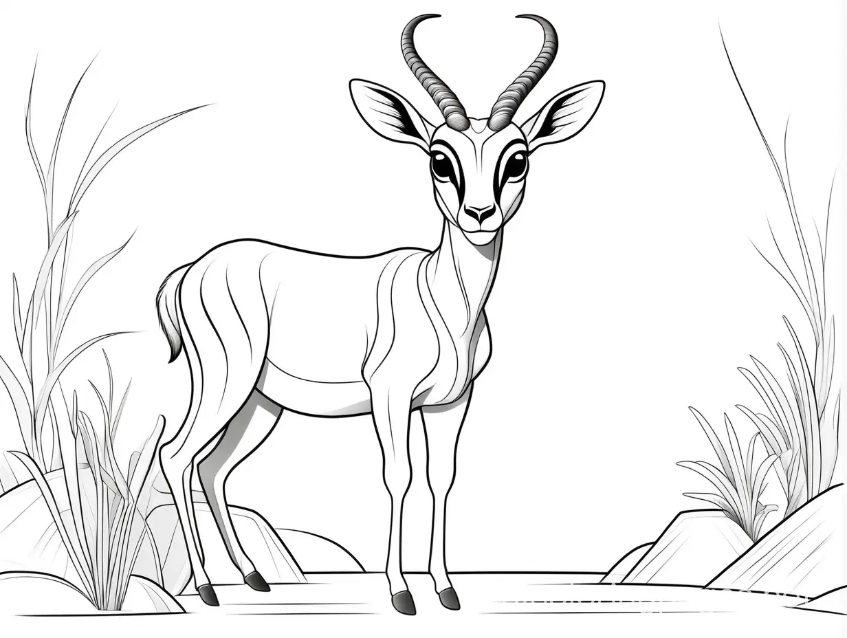 Antelope, Coloring Page, black and white, line art, white background, Simplicity, Ample White Space. The background of the coloring page is plain white to make it easy for young children to color within the lines. The outlines of all the subjects are easy to distinguish, making it simple for kids to color without too much difficulty