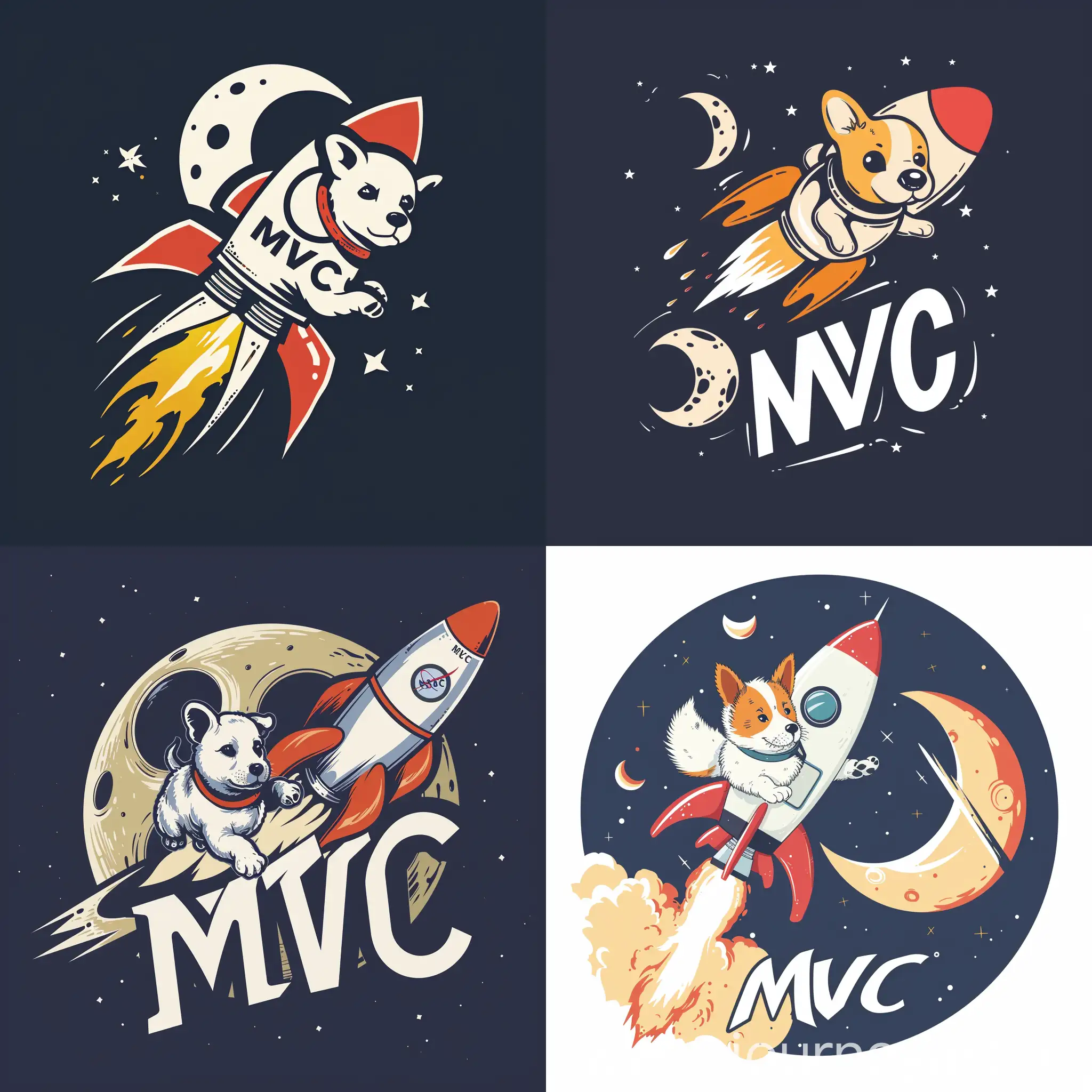 Cute dog going to space on a rocket. passing the moon. Logo: "MVC"