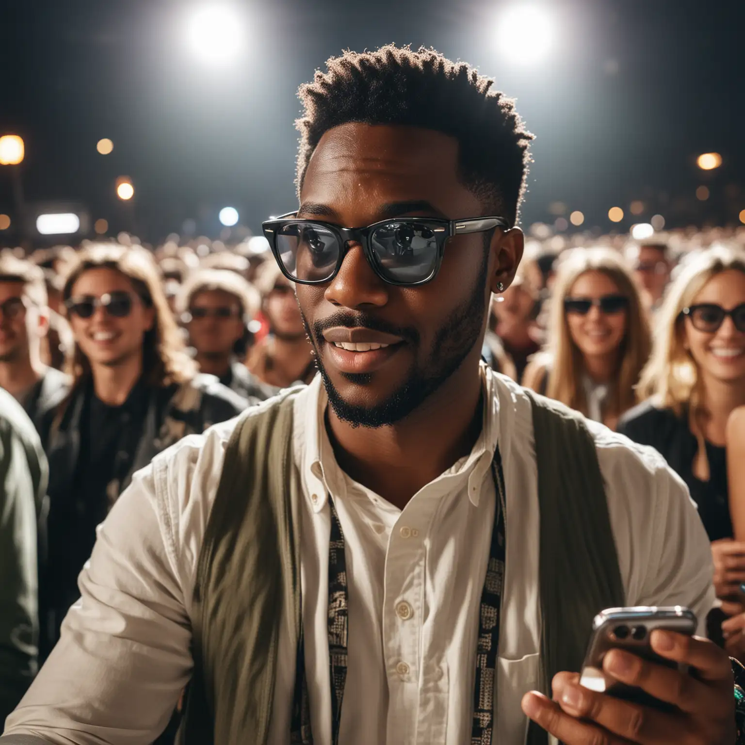 Black man, in his 30s, at a concert, wearing wayfarer glasses, looking at his phone, having a conversation with someone on facetime, 
people around him listening to music having a blast, 