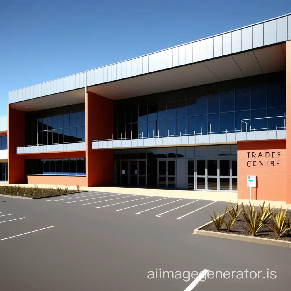 a modern trades centre that has an administration entrance, classrooms and offices included and a large carpark and feature sculpture at the front