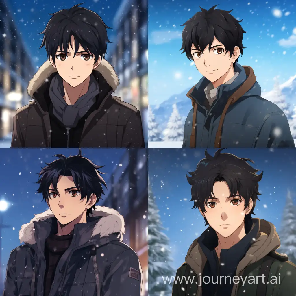 A Christmas male anime character with black hair, a serious face, against the backdrop of falling snow, with bluish weather.