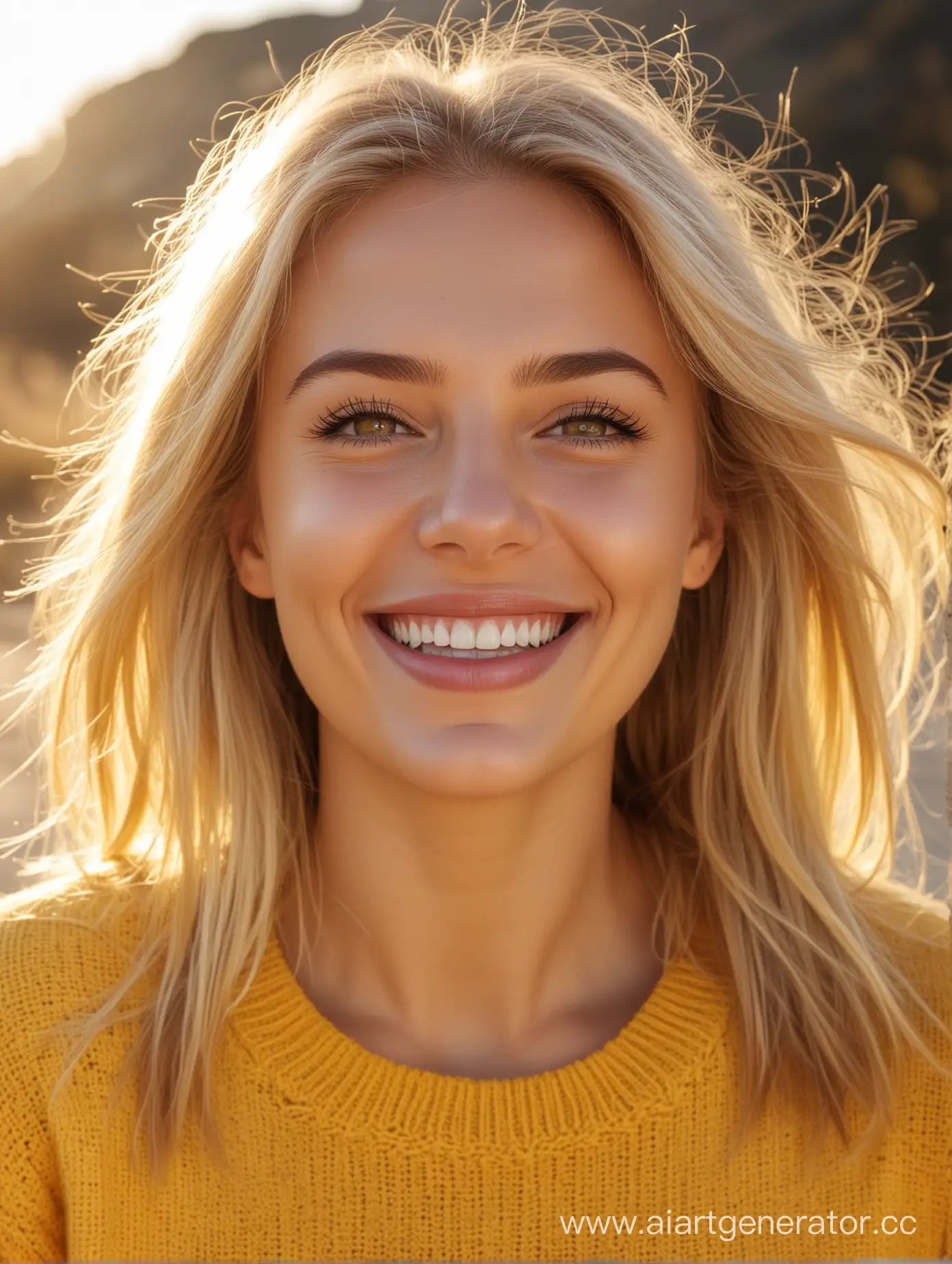 Blonde-Girl-Laughing-in-Sunlight-High-Detail-Portrait-in-Yellow-Sweater