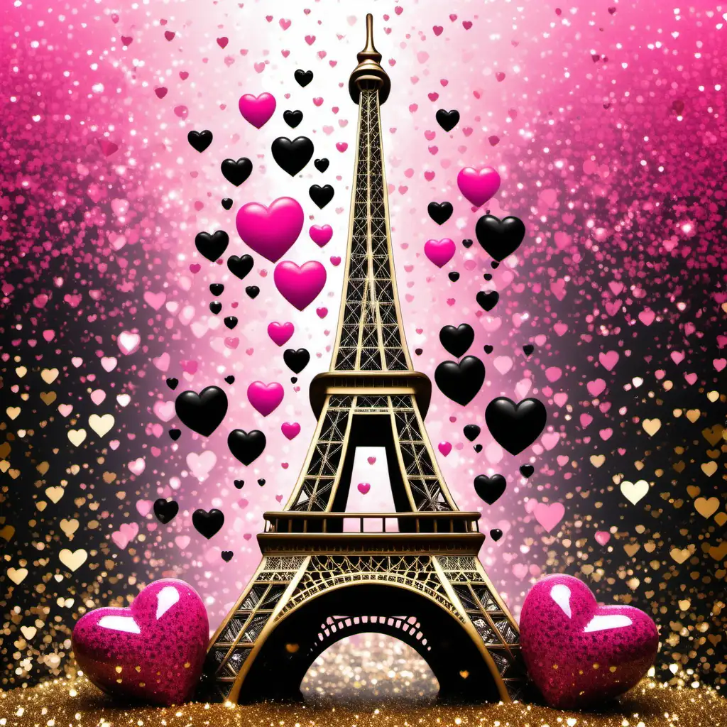glitter sparkle glossy eiffel tower, pink, black, glold, colorsplash background with hearts