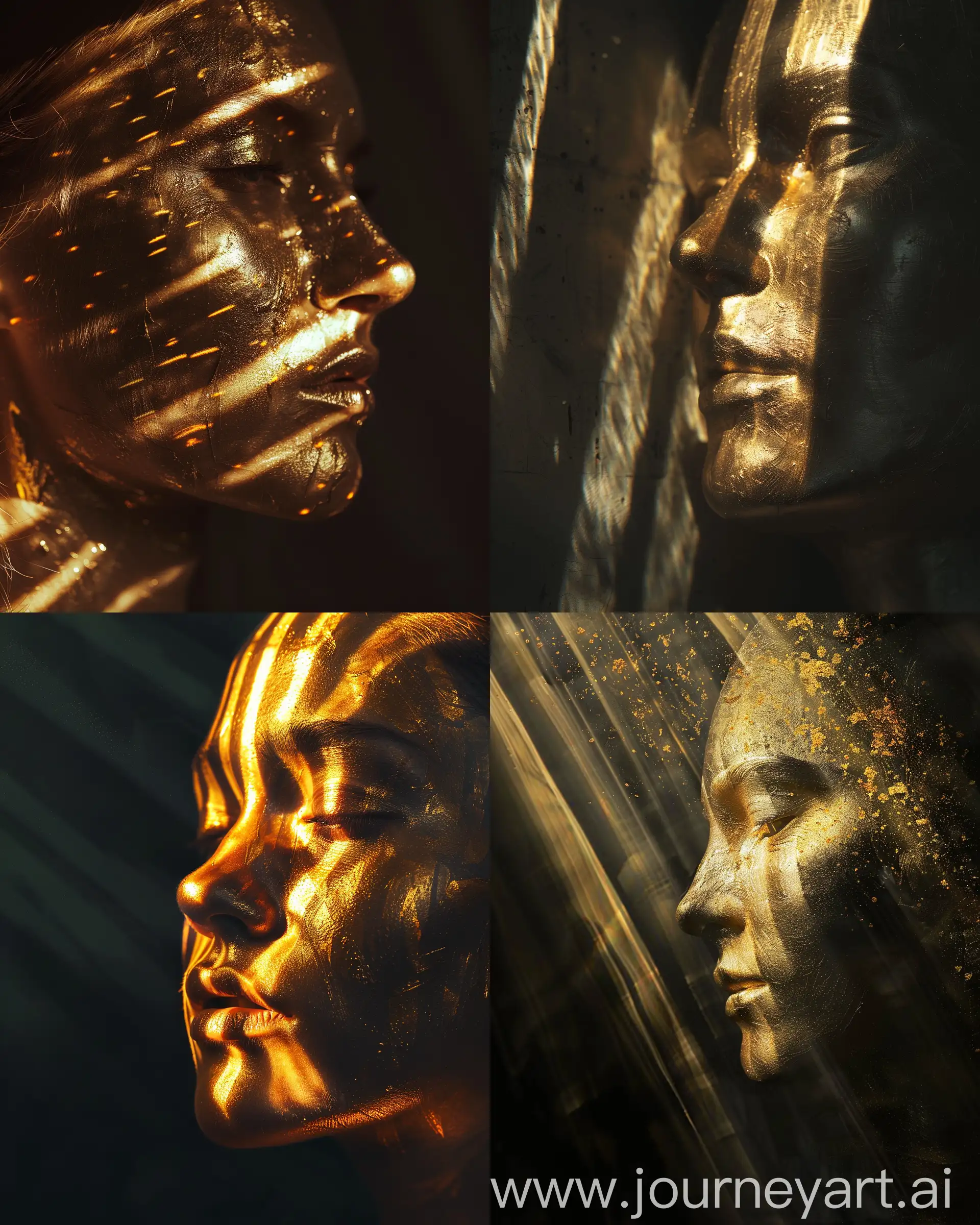 Three quarter profile portrait a golden face in a dark room with rays of sunlight touching the golden face --v 6 --ar 16:20