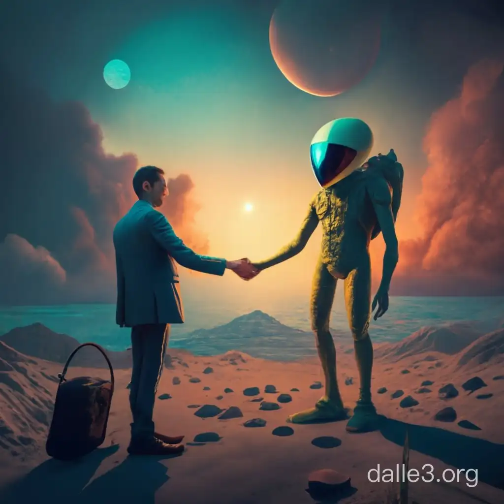 Alien and Human Representative Exchange Peaceful Handshake | Dalle3 AI