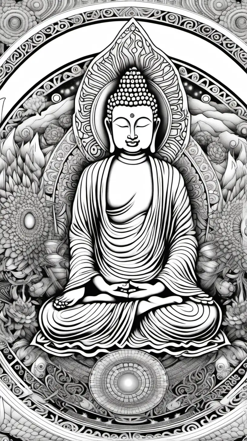black & white, coloring page, white background, high details, symmetrical mandala, clear lines, buddha on alien world 