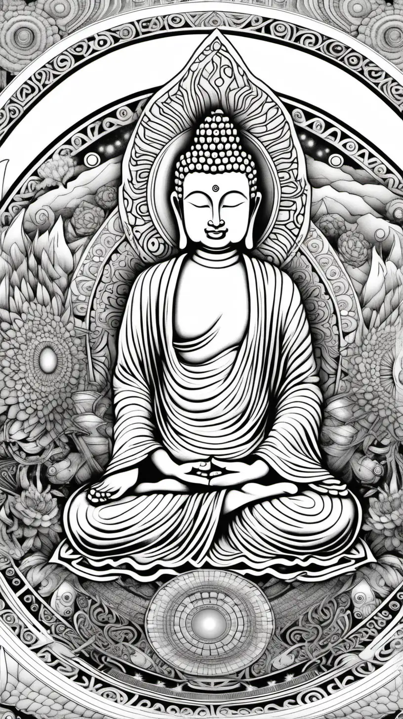 Symmetrical Mandala Coloring Page Buddha on Alien World