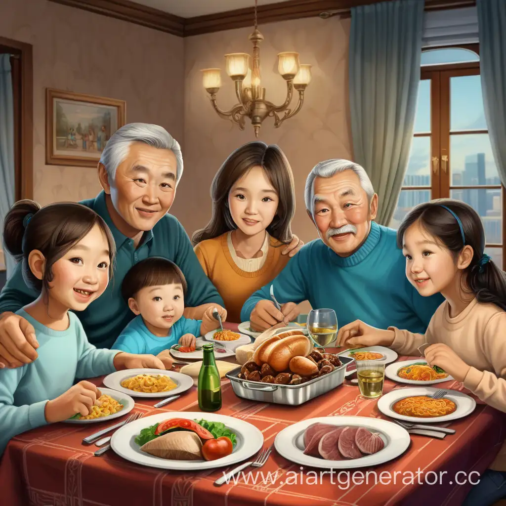 Kazakh-Family-Gathering-for-Dinner-Generational-Bonding-at-the-Dinner-Table