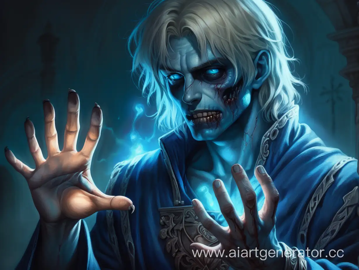 Мрачная картинка, светловолосый парень, кожа с синим оттенком, возражденный, зомби, средневековье, руки светятся синим
