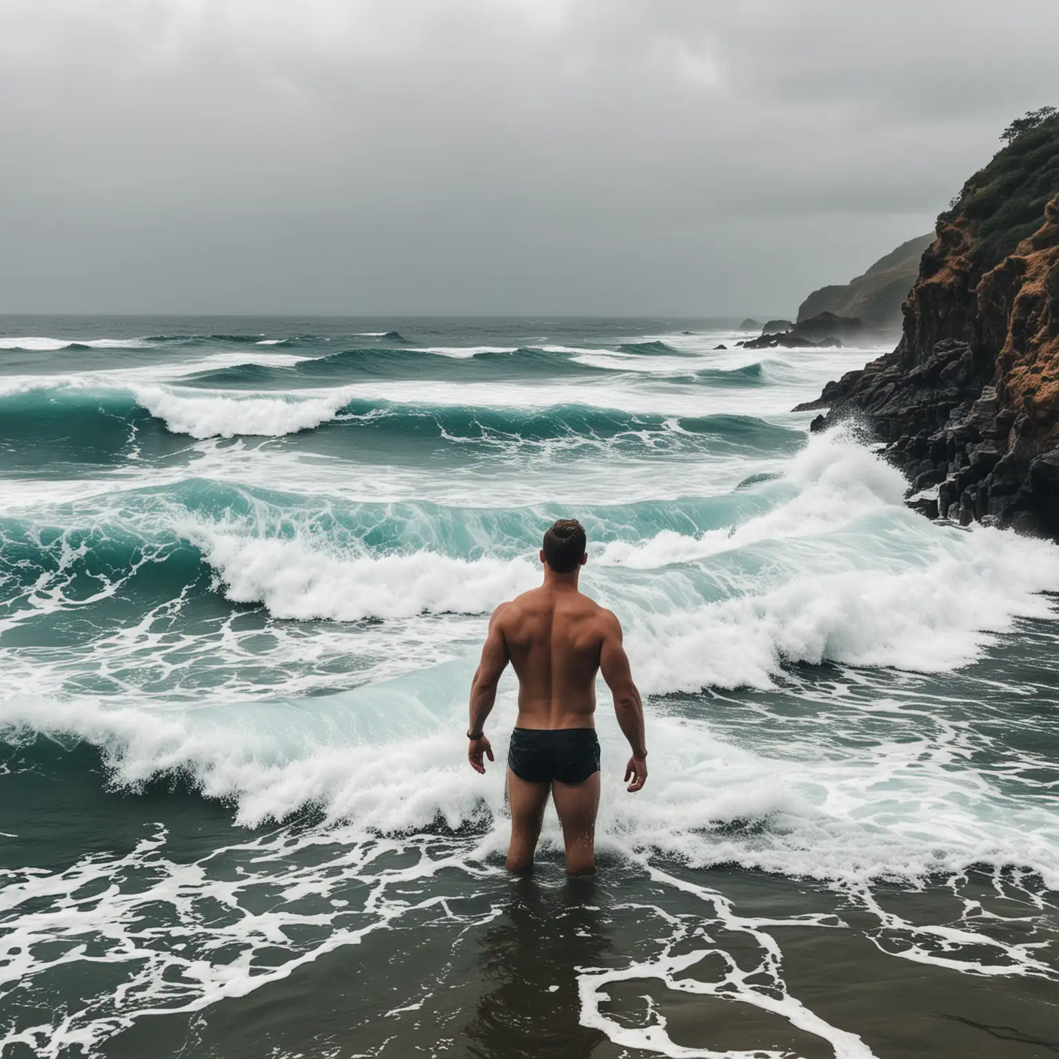 man standing in waist deep water looking out to epic ocean waves, shirtless, taking in the view, image be from the viewpoint of behind the man, 