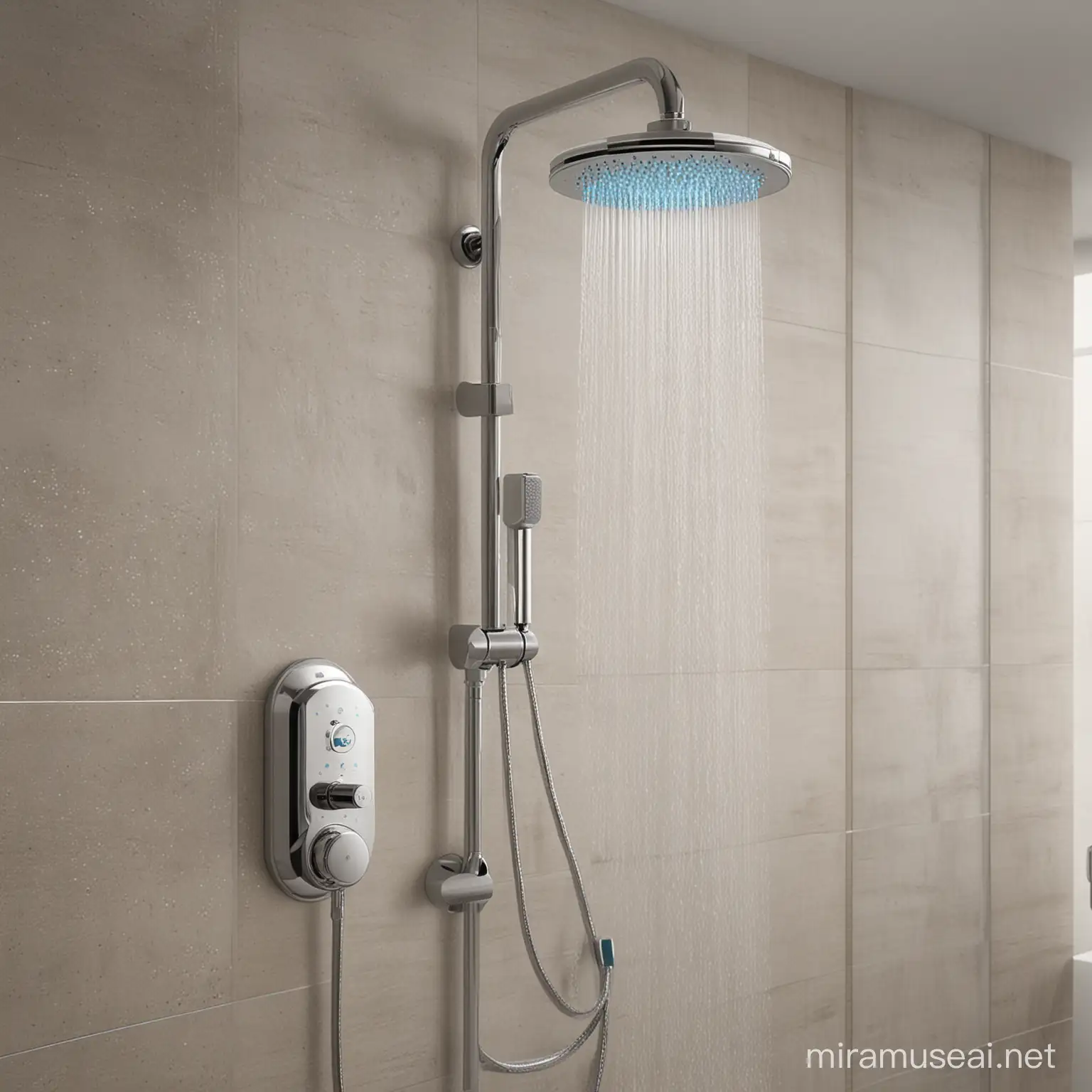 "Bayangkan shower masa depan yang dilengkapi dengan teknologi AI untuk menentukan tekanan air yang dibutuhkan pengguna saat mandi. Gambarkan desain shower tersebut, termasuk bentuk, material, fitur layar sentuh, sensor AI, dan kemampuan penyesuaian tekanan air secara otomatis. Jelaskan juga bagaimana desain ini dapat memberikan pengalaman mandi yang efisien, nyaman, dan ramah lingkungan."
