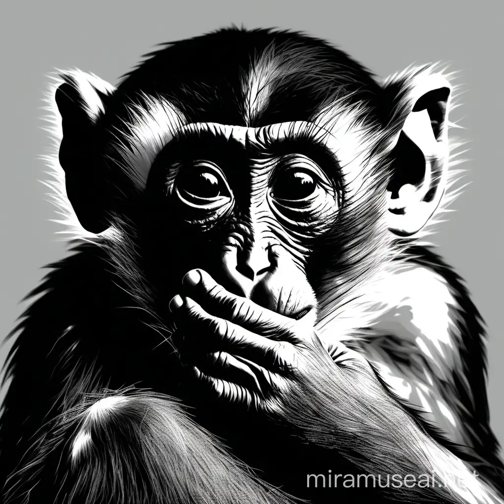view of whole  Monkey with hands holding mouth shut
