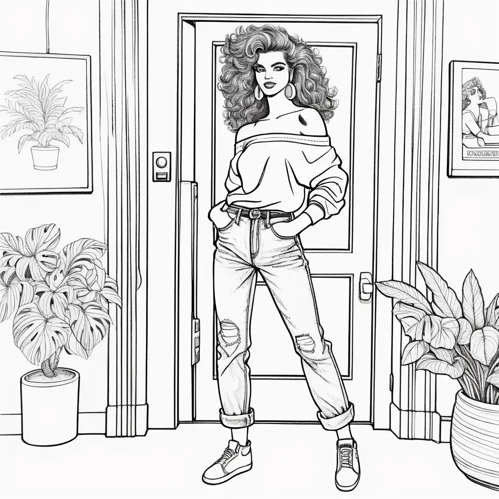 Coloring page with white interior A woman in high-waisted acid-washed jeans paired with a vibrant off-the-shoulder sweatshirt, capturing the iconic '80s casual flair


